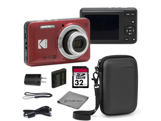 PIXPRO FZ55 Red 16MP CMOS Sensor Digital Camera 5X Optical Zoom 28mm Wide Angle 1080P Full HD Video 2.7' LCD Vlogging Camera Bundle with Tudak...