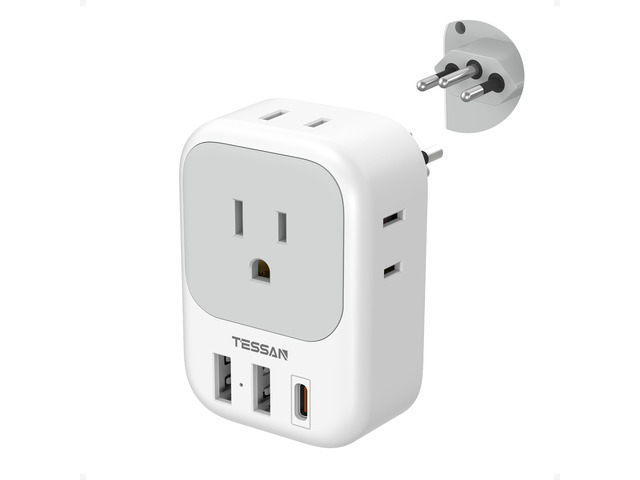 Brazil Power Adapter PD 20W Type N Plug 4 American Outlets, 3 USB Charger (1 USB C Port), US to Brazil Travel Adaptor, For USA to Brazilian Brasil