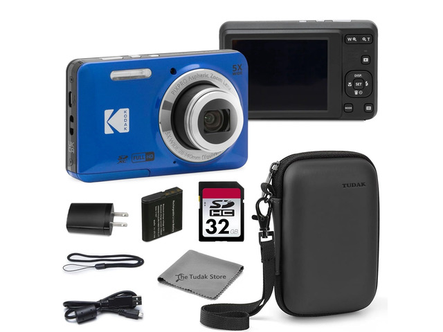 PIXPRO FZ55 Blue 16MP CMOS Sensor Digital Camera 5X Optical Zoom 28mm Wide Angle 1080P Full HD Video 2.7' LCD Vlogging Camera Bundle with Tudak...