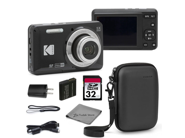 PIXPRO FZ55 Black 16MP CMOS Sensor Digital Camera 5X Optical Zoom 28mm Wide Angle 1080P Full HD Video 2.7' LCD Vlogging Camera Bundle with Tudak...