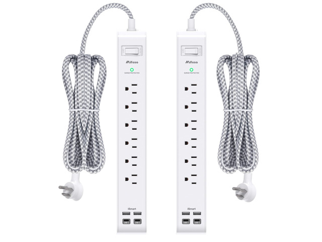 2 Pack Power Strip, 3FT Flat Plug Extension Cord, Surge Protector 6 AC and 4 USB (2 USB C), Overload Protection, 1080J, Desk Charging Station for...