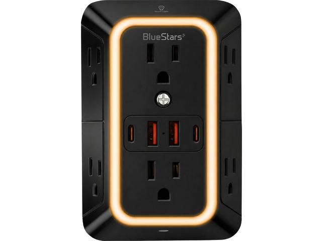 Wall Mount Power Strips Wall Charger 6 Outlet Extender 4 USB Ports (5V, 2.4A, 12W) and Night Light 3-Sided Power Strip with Adapter Spaced Outlets...