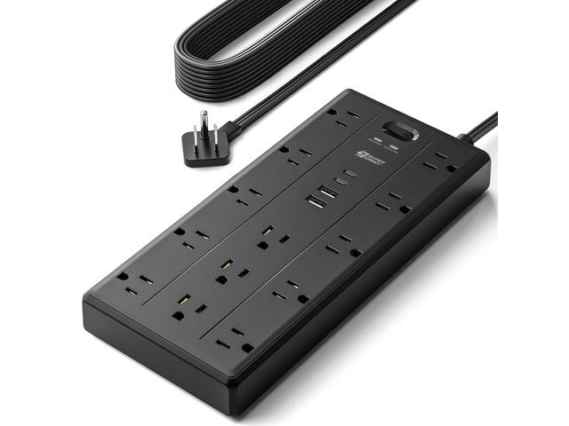15Ft Extension Cord with Multiple Outlets, Flat Plug Power Strip 2100J, 13AC 2 USB C 2 USB A Charging Ports, Surge Protector, Desk Charging...