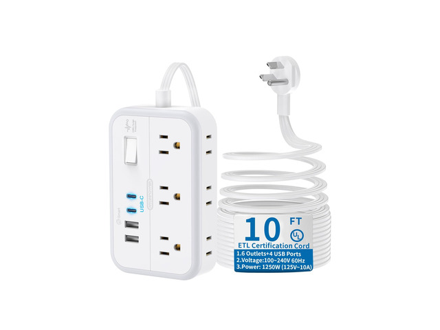 10 ft Flat Extension Cord, Flat Plug Power Strip with 6 Outlets 4 USB Ports, Wall Mounted Outlet Extender, Overload Protection for Indoor, Home,...