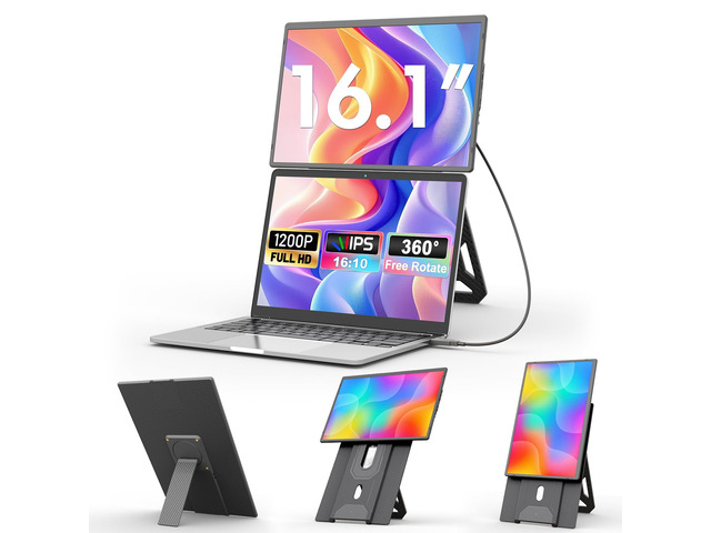 16.1' Laptop Screen Extender, 360° Rotating Detachable Stand/VESA Support, FHD 1200P IPS Portable Monitor, Plug & Play with HDMI/USB-A/Type-C,...