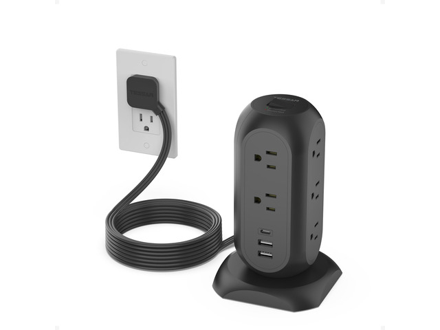 Tower Power Strip Flat Plug with 1050J Protection, 10 Ft, Black 11 Outlets 3 USB (1 USB C), Surge Protector Power Tower, Extension Cord with...