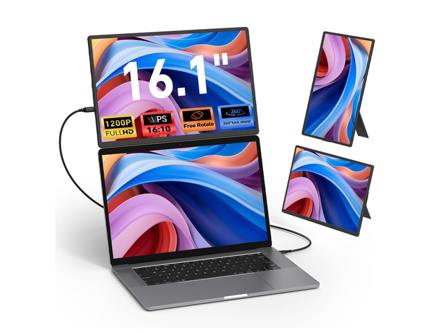 16'' Laptop Screen Extender, 360° Rotating Detachable Stand/VESA Support, FHD 1200P IPS Portable Monitor, Plug & Play with HDMI/USB-A/Type-C,...