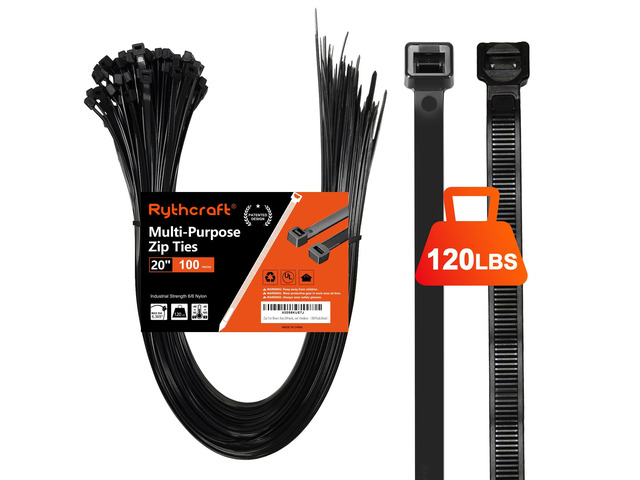 20 Inch Black Zip Ties Heavy Duty, 120 LBS Test Large Cable Ties, 100 Pack Adjustable Self-Locking,0.3' Extra Width, UV-Resistant, UL Listed,...
