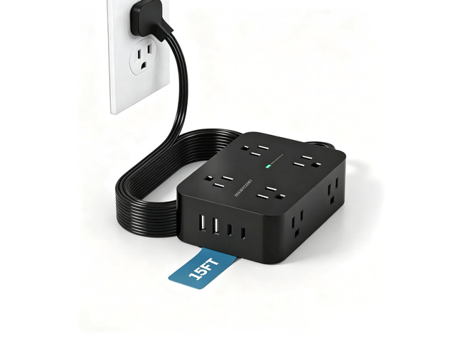 Long Surge Protector Power Strip 15 Ft, Extension Cord Flat Wall Plug 1080J 8 Outlets 4 USB Ports(2 USB C), Wall Mount Outlet Extender Charging...