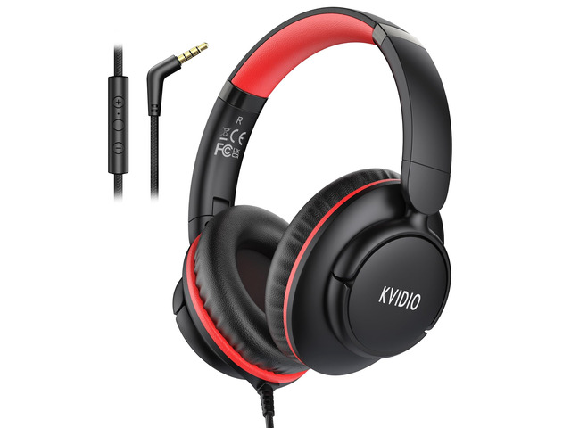 Wired Headphones with Mic, 3.5mm Plug Corded Headphone for School Black Red Wired Over Ear Foldable Headphones for Teens Classroom Travel, 4.9ft...