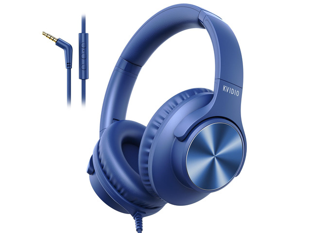 Wired Headphones with Mic, Over-Ear 3.5mm Corded Headphone for School Blue Foldable Plug in Headphones for Teens Classroom Travel, 4.9ft...
