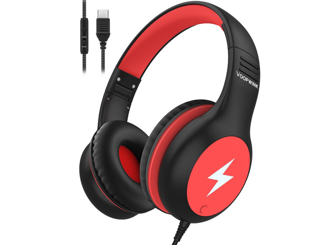 Kids Headphones Wired with Microphone, USB Type C Headphones for Kids Girls Boys with Cord/LED Lights/85/94dB Volume Limit, Portable Over Ear...