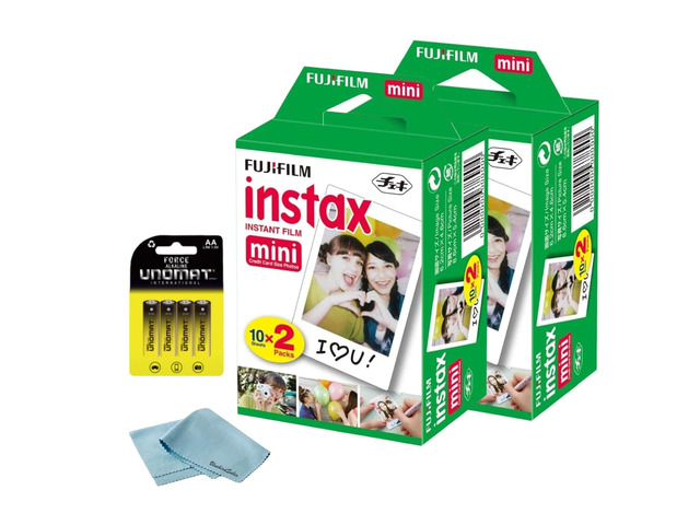 Instax Mini Instant Film, 40 Shots (10 Sheets x 4) Capture Memories Anytime, Anywhere + BluebirdSales Premium Cleaning Cloth & 8 AA Batteries