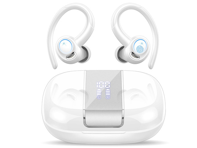 Wireless Sports Earbuds with Earhooks, 48H Deep Bass/ENC Mic Ear Bud White Wireless Earphone with LED Display, Bluetooth 5.3 Headphones In Ear,...