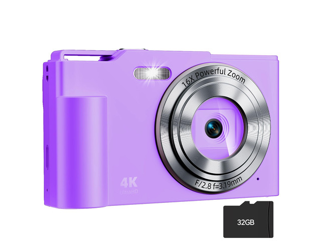 Digital Camera, FHD Digital Point and Shoot Camera with 16X Zoom Anti Shake, 48MP Compact Small Camera with 32GB Card for Boys Girls Kids Purple