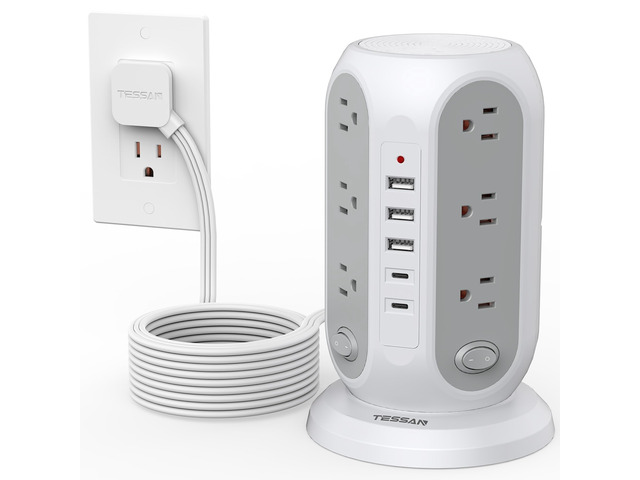 Tower Power Strip Surge Protector, Flat Extension Cord 15 Ft, Grey Individual Switches with 12 Outlets, 5 USB Ports(2 USB C), Flat Plug, Charging...
