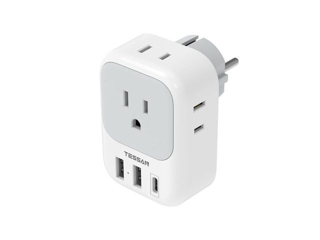Type E F Plug Adapter, Germany France Power Adapter 3 USB Ports(1 USB C), 4 AC Outlets Travel Adaptor for US to Europe EU Spain Iceland Korea...