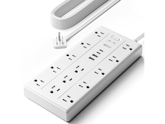 15Ft Extension Cord with Multiple Outlets, Flat Plug Power Strip 2100J, 13AC 2 USB C 2 USB A Charging Ports, Surge Protector, Desk Charging...