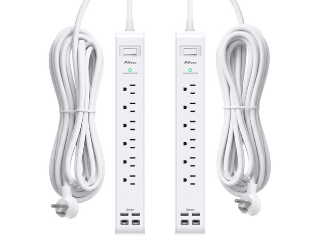 2 Pack Power Strip, Extension Cord 15FT, Surge Protector with 6 Outlets and 4 USB Ports (2 USB C), Flat Plug Overload Protection, Extension Cord...