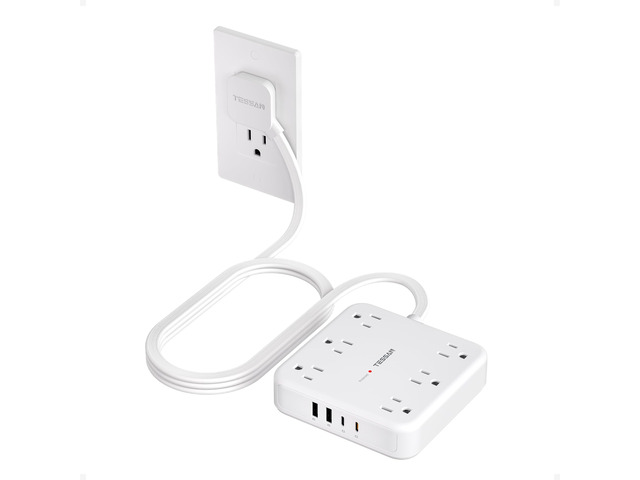Surge Protector Power Strip, 5Ft Flat Plug Extension Cord, White