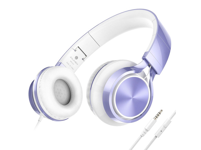 Kids Headphones for School, 3.5mm Wired with Mic for Teens, Violet On-Ear Headsets with Microphone for Chromebook Laptop Computer, Foldable...