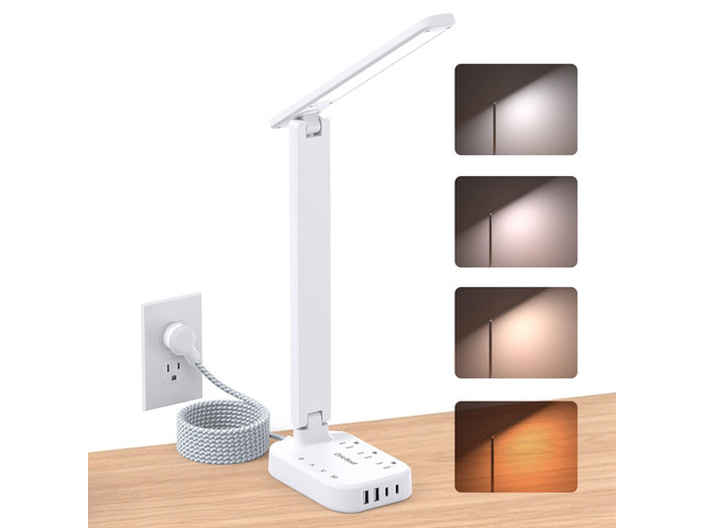 LED Desk Lamp, 10Ft Power Strip with 3 Outlets 4 USB Ports(2 USB C), White 4 Modes 5 Level Brightness Touch Lamp, Small Desk Lamp for Home Office...