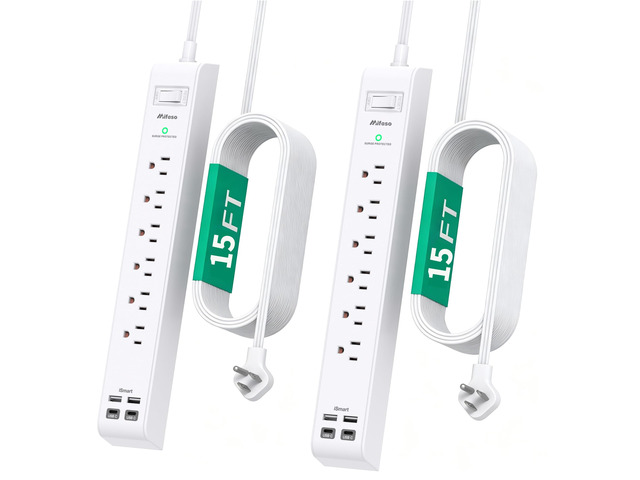 2 Pack Extension Cord 15FT, Power Strip Surge Protector with 6 Outlets and 4 USB Ports (2 USB C), Flat Plug Overload Protection, Extension Cord...