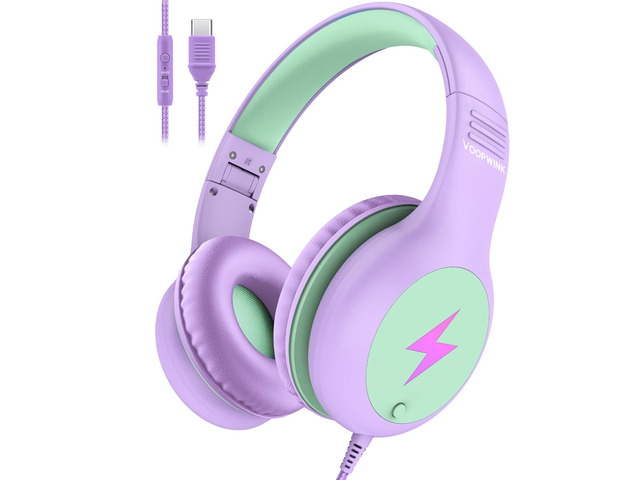 Kids Headphones Wired with Microphone, USB Type C Headphones for Kids Girls Boys with Cord/LED Lights/85/94dB Volume Limit, Portable Over Ear...
