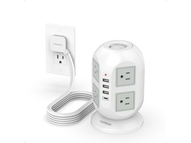 Tower Power Strip 10 ft, Long Flat Extension Cord with Multiple Outlets, 8 AC Outlets with 4 USB Ports (1 USB C), Charging Station with, for Home...