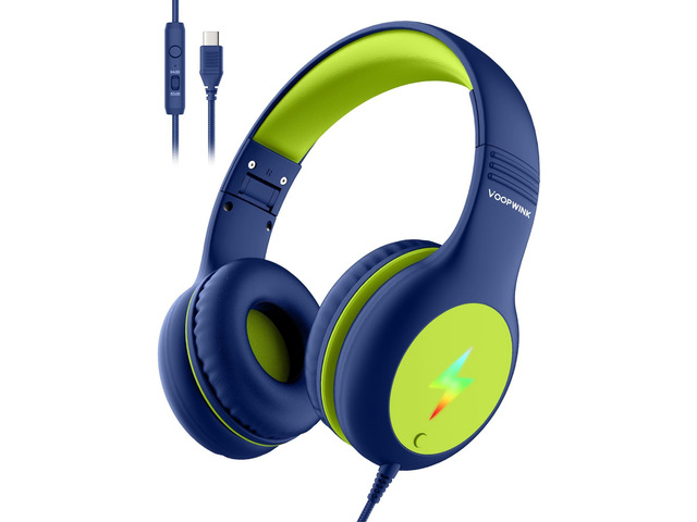 Kids Headphones Wired with Microphone, USB Type C Headphones for Kids Girls Boys with Cord/LED Lights/85/94dB Volume Limit, Portable Over Ear...