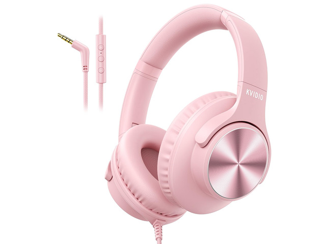 Wired Headphones with Mic, Over-Ear 3.5mm Corded Headphone for School Pink Foldable Plug in Headphones for Teens Classroom Travel, 4.9ft...