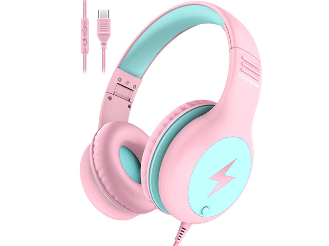 Kids Headphones Wired with Microphone, USB Type C Headphones for Kids Girls Boys with Cord/LED Lights/85/94dB Volume Limit, Portable Over Ear...