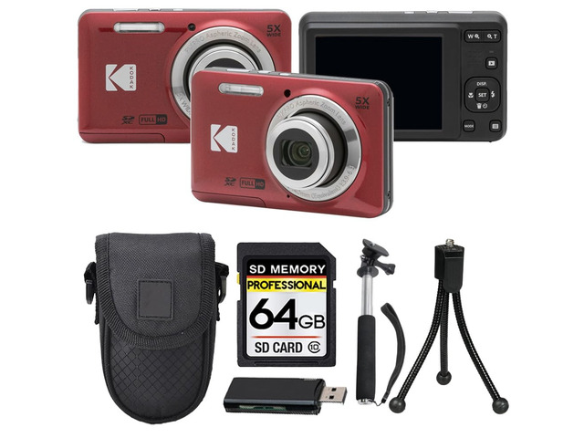 PIXPRO FZ55 Digital Camera, 16MP Compact Point & Shoot, 5X Optical Zoom, 28mm Wide Angle Lens, 1080P HD Video, Red + 64GB SD Card, Case, Selfie...