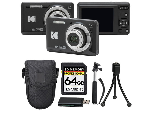 PIXPRO FZ55 Digital Camera, 16MP Compact Point & Shoot, 5X Optical Zoom, 28mm Wide Angle Lens, 1080P HD Video, Black + 64GB SD Card, Case, Selfie...