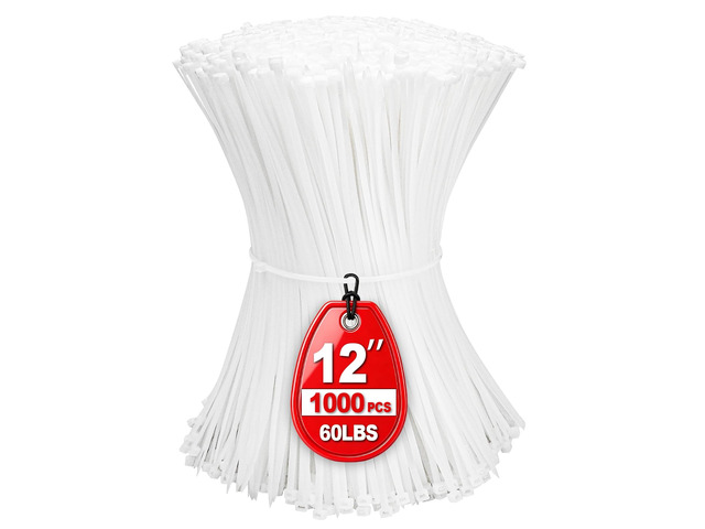 Zip Ties 12 inch, White Zip Ties 1000 Pack, Self-Locking Cable Ties with 60 Pounds Tensile Strength, Plastic Wire Ties for Indoor and Outdoor Use