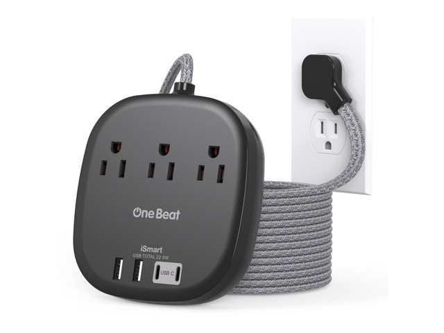 10 Ft Long Extension Cord, 22.5W/4.5A Flat Plug Power Strip, Black 3 Outlets 4 USB Ports (2 USB C),Power Strip No Surge Protection for Cruise Ship,...