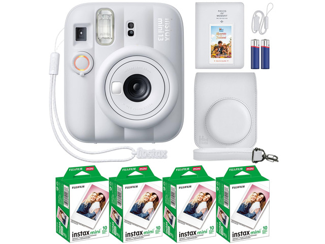 Instax Mini 13 Instant Camera Clay White + MiniMate Accessory Bundle with Custom Case + Fuji Instax Film Value Pack (40 Sheets) & Photo Album