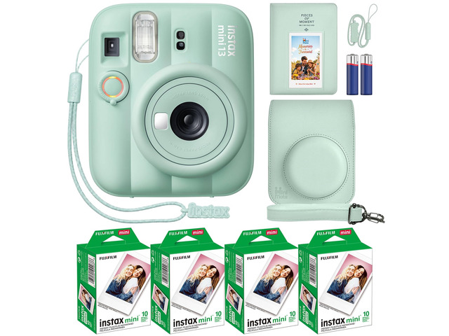 Instax Mini 13 Instant Camera Lagoon Green + MiniMate Accessory Bundle with Custom Case + Fuji Instax Film Value Pack (40 Sheets) & Photo Album