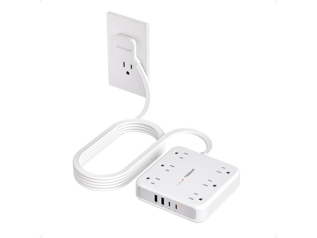 Surge Protector Power Strip, 10Ft Flat Plug Extension Cord, Grey 6 Outlets and 4 USB Ports (2 USB C), 2100 Joules Surge Protection, Outlet Extender...