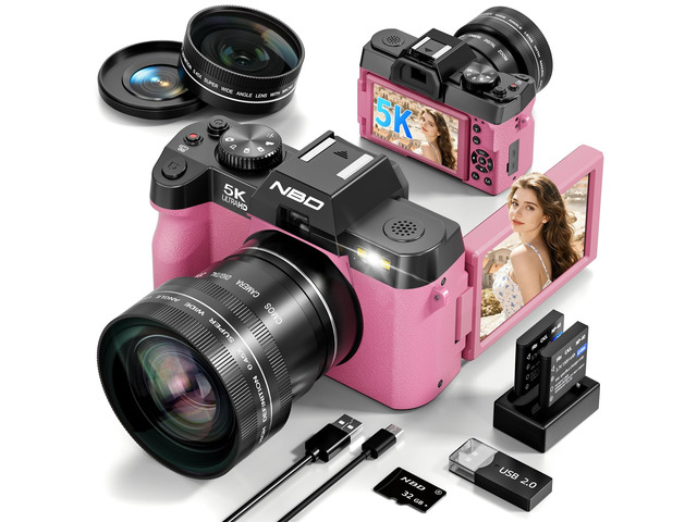 True 5K 64MP Digital Camera for Photography (Hot Pink) Autofocus & Anti-Shake,16X Zoom,WiFi,Wide-Angle Macro Lens,32GB TF Card,Vlogging Camera for...