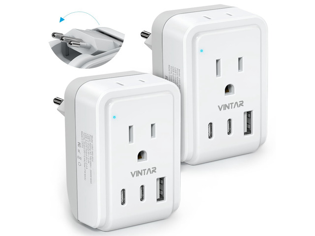 Foldable Italy Travel Plug Adapter, 2 Pack Type L Adapter with USB-C 2 Outlets, 3 USB Ports, 3 Prong Grounded Plug, Power Adapter for US to Italy...