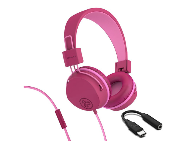JBuddies Studio, Kids Wired on-Ear Headphones, Bundle with USB-C Adapter, Volume limiting, Foldable, Dark Pink