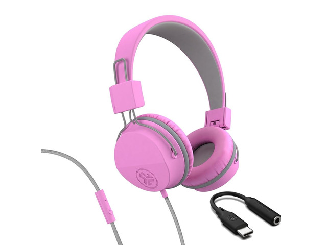 JBuddies Studio, Kids Wired on-Ear Headphones, Bundle with USB-C Adapter, Volume limiting, Foldable, Pink