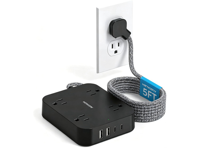 5 Ft Braided Extension Cord, Ultra-Thin Flat Plug, 4 Widely Spaced Outlets 4 USB Ports (2 USB C), Non-Surge Protector Power Strip for Cruise Ship,...