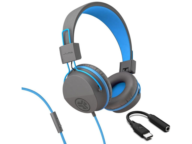 JBuddies Studio, Kids Wired on-Ear Headphones, Bundle with USB-C Adapter, Volume limiting, Foldable, Grey/Blue
