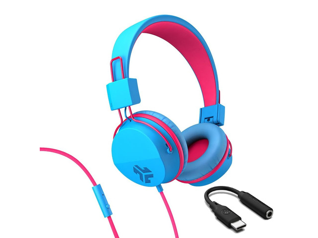 JBuddies Studio, Kids Wired on-Ear Headphones, Bundle with USB-C Adapter, Volume limiting, Foldable, Blue/Pink