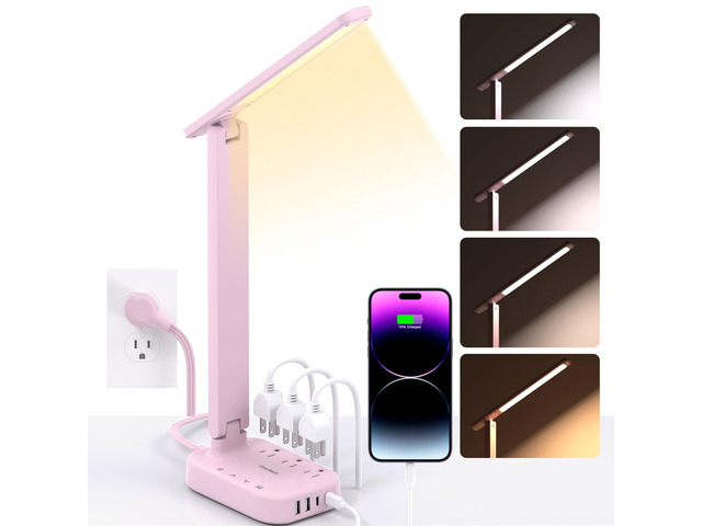 LED Desk Lamp, Power Strip with 4 USB 3 Outlets, Dorm Room Essentials, Pink 4 Modes 5 Level Brightness Touch Lamp, Small Desk Lamp for Home Office...