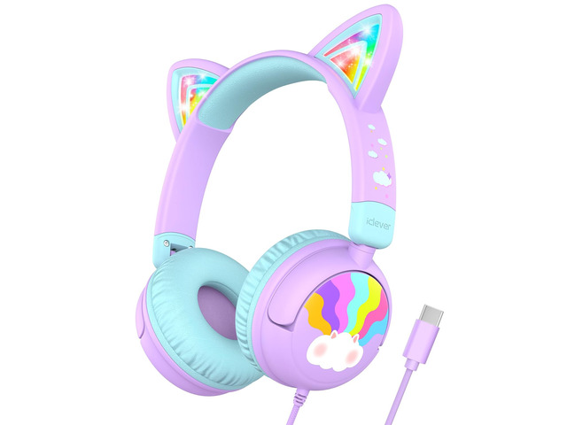 Kids Headphones USB C, Cat Ear LED Light Up for Toddler Girls SafeSound Tech3.0, Wired Foldable, Stereo Sound, Over-Ear Kids Headphones for...