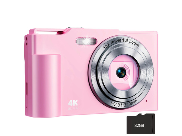 Digital Camera, FHD 4K Digital Point and Shoot Camera with 16X Zoom Anti Shake, 48MP Compact Small Camera with 32GB Card for Boys Girls Kids Mini Pink