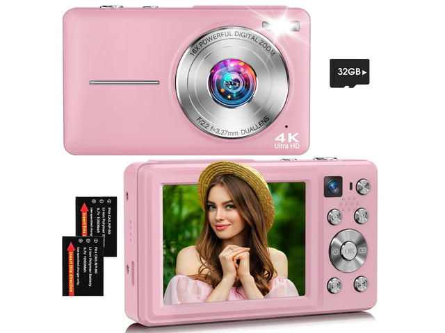 Digital Camera, 4K 64MP Autofocus 16X Zoom Camera with Dual Lens(Pink) 2026 Latest Anti-Shake Point Shoot Camera, Compact Travel Vlogging Camera...